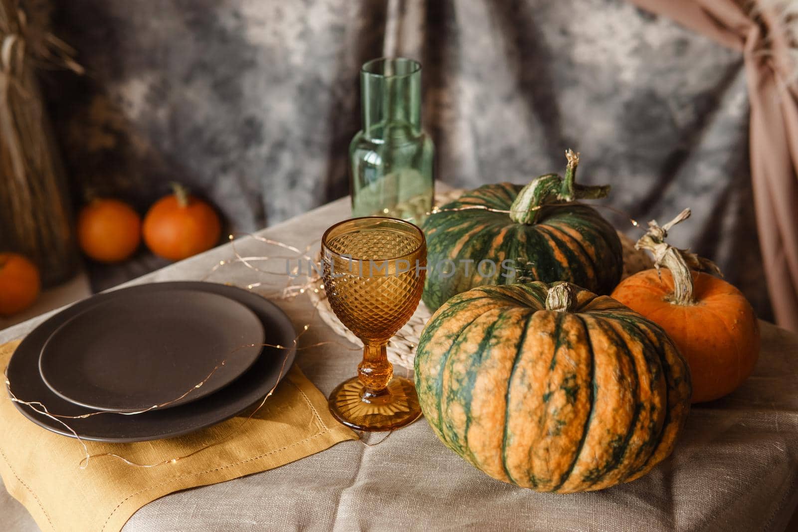 Autumn interior: a table covered with dishes, pumpkins, a relaxed composition of Japanese pampas grass. Interior in the photo Studio. Close - up of a decorated autumn table.