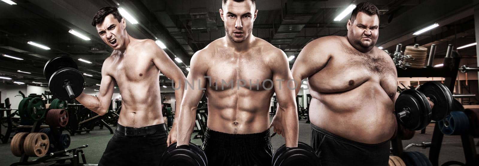 Fat, fit and athletic men. Ectomorph, mesomorph and endomorph. Sport concept. Before and after result. Group of three young sports men - fitness models holds the dumbbell in gym. by MikeOrlov