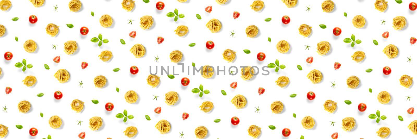Pop art background from Italian pasta tagliatelle. raw pasta fettuccine pop art background, flat lay. Italian raw nest pasta isolated on white by PhotoTime