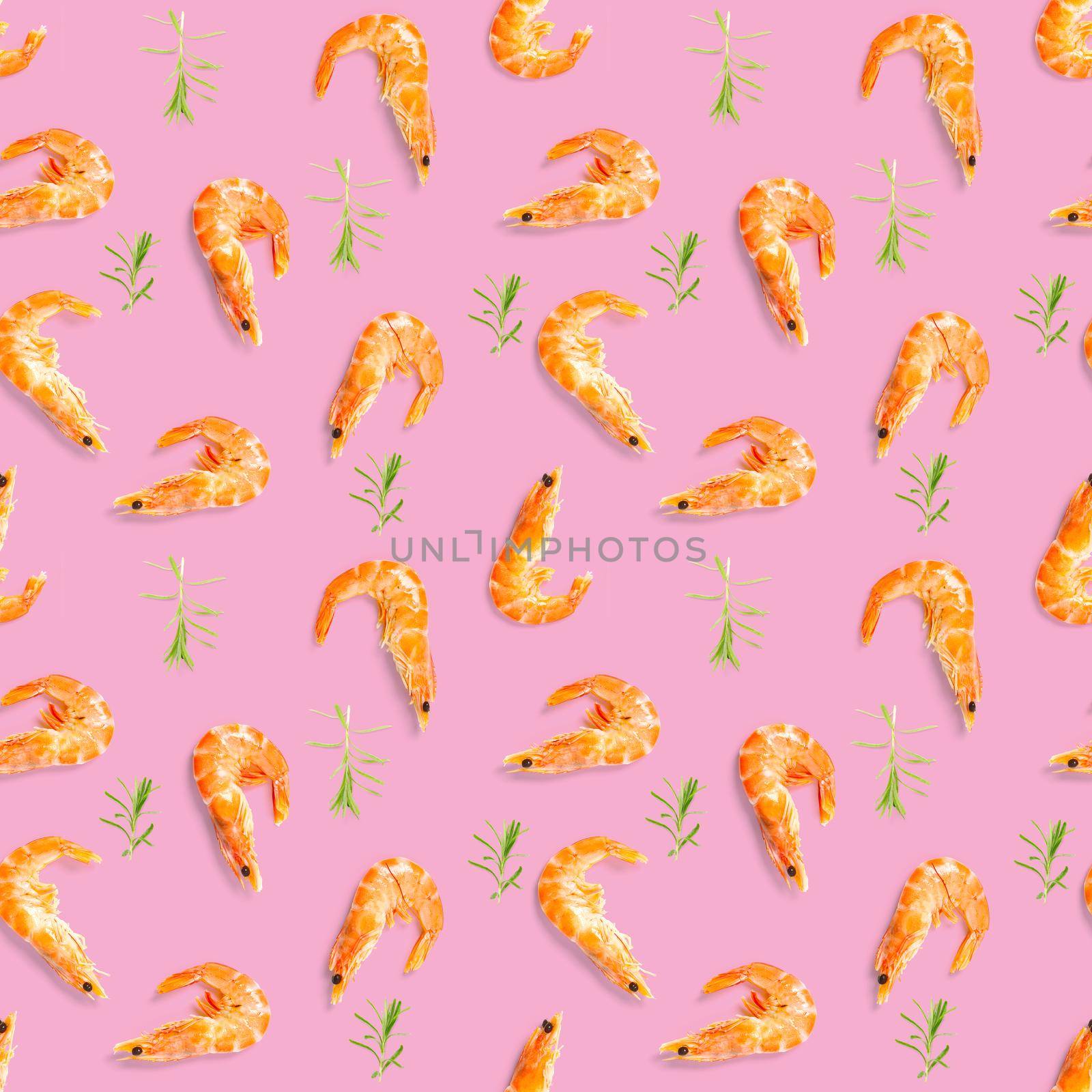Tiger shrimp. Seamless pattern made from Prawn isolated on a pink background. Seafood seamless pattern with shrimps. seafood pattern by PhotoTime