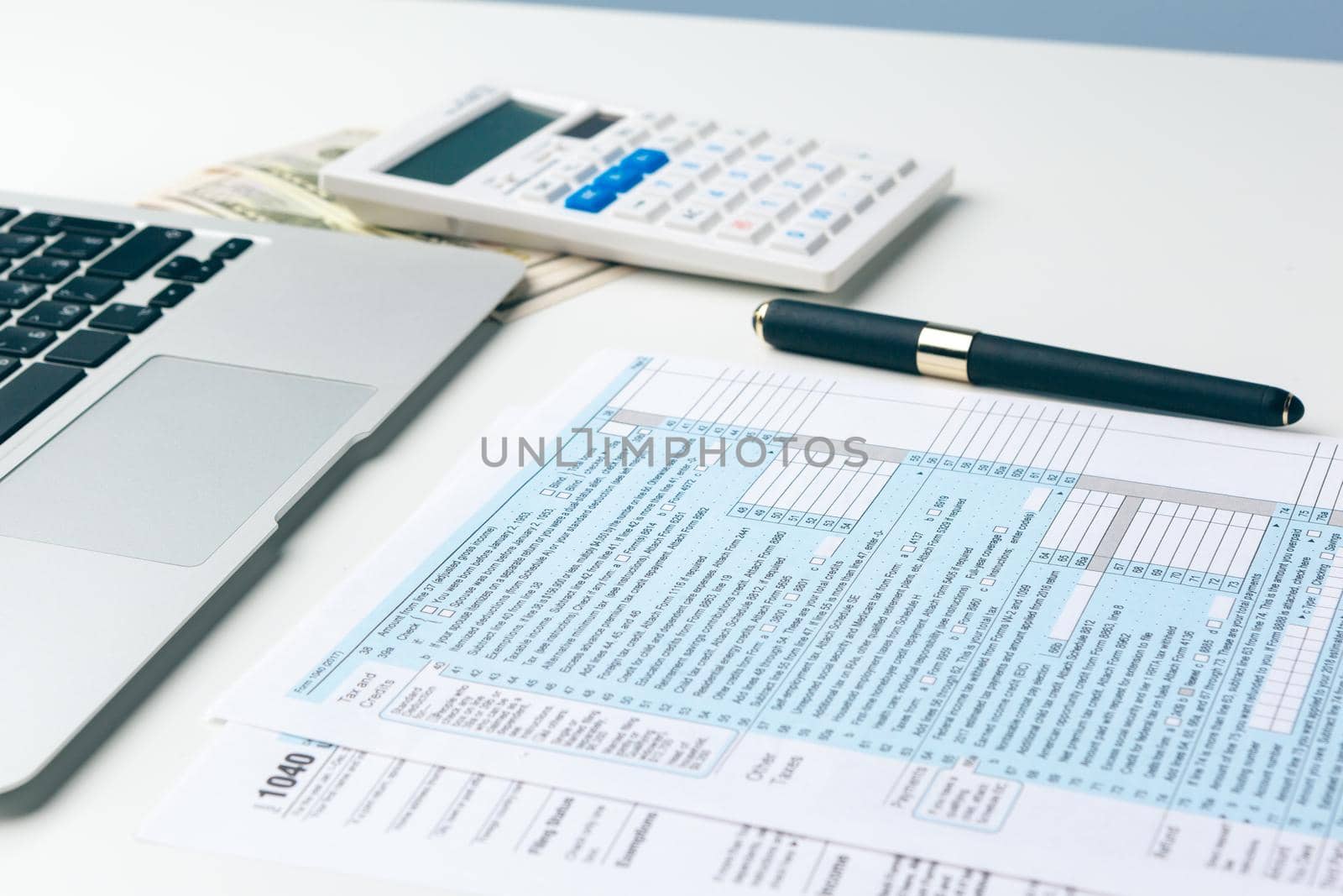 Showing business and financial report. Accounting, money close up