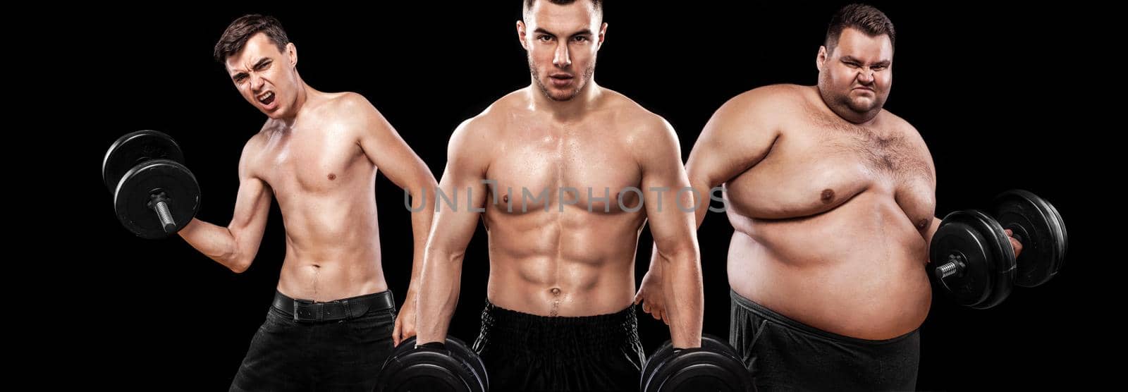 Before and after result. Group of three young sports men - fitness models holds the dumbbell on black background. Fat, fit and athletic men. Ectomorph, mesomorph and endomorph .