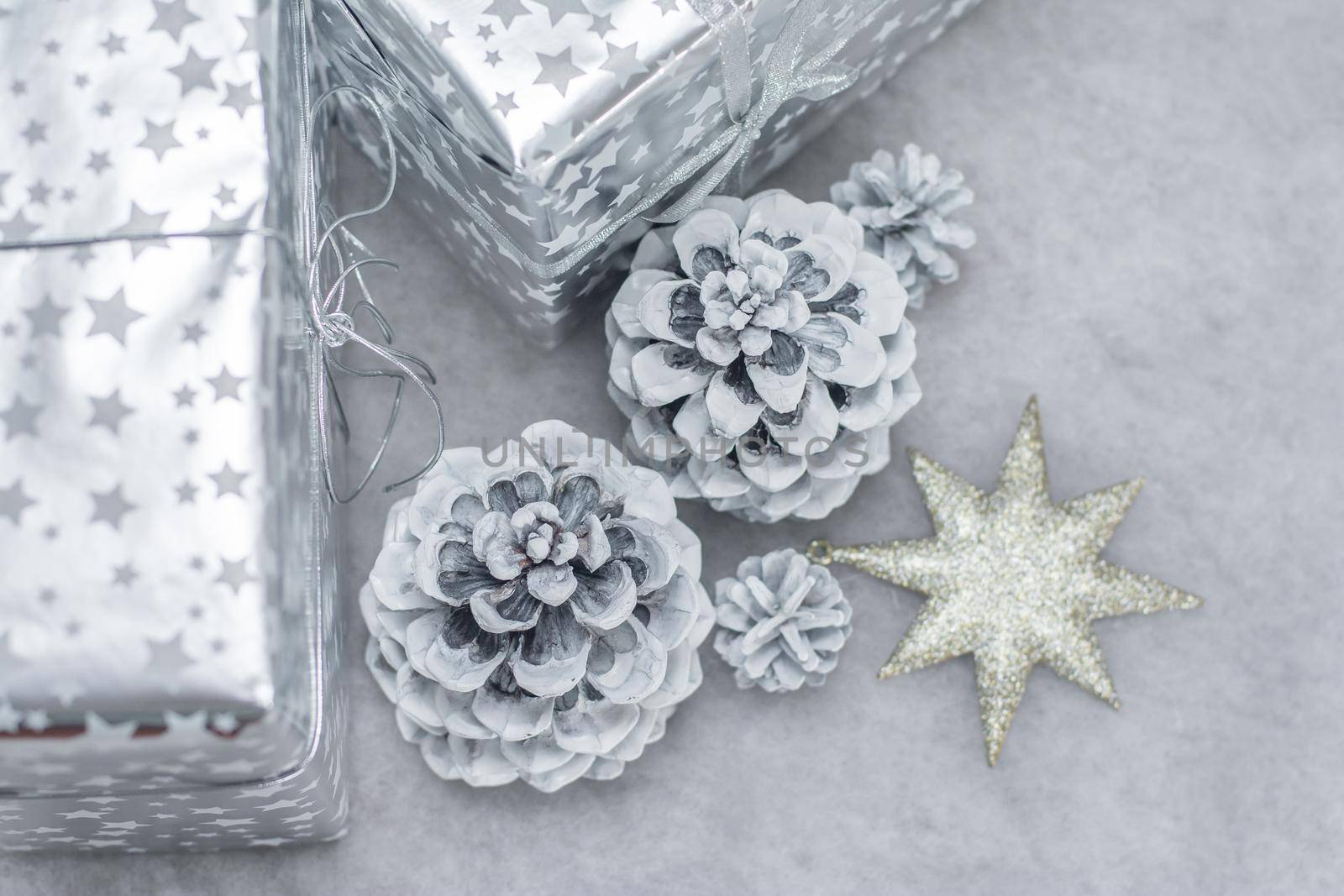 Cones in the snow and presents in silver packing
