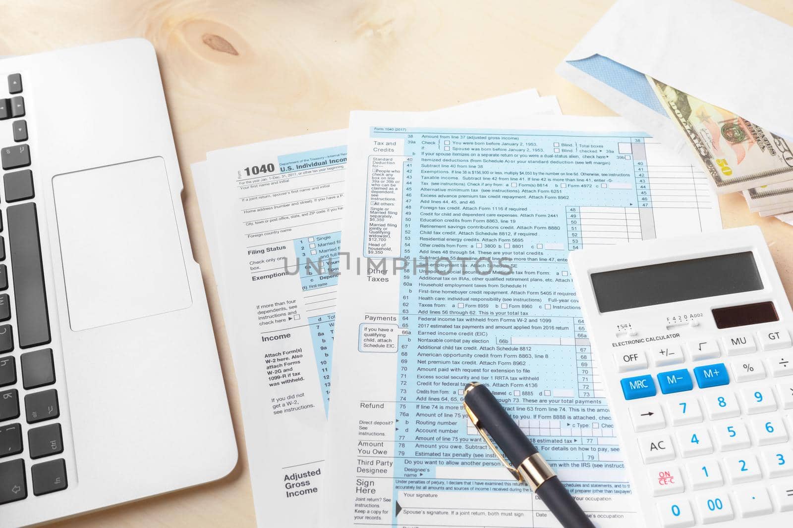 Showing business and financial report. Accounting, money close up