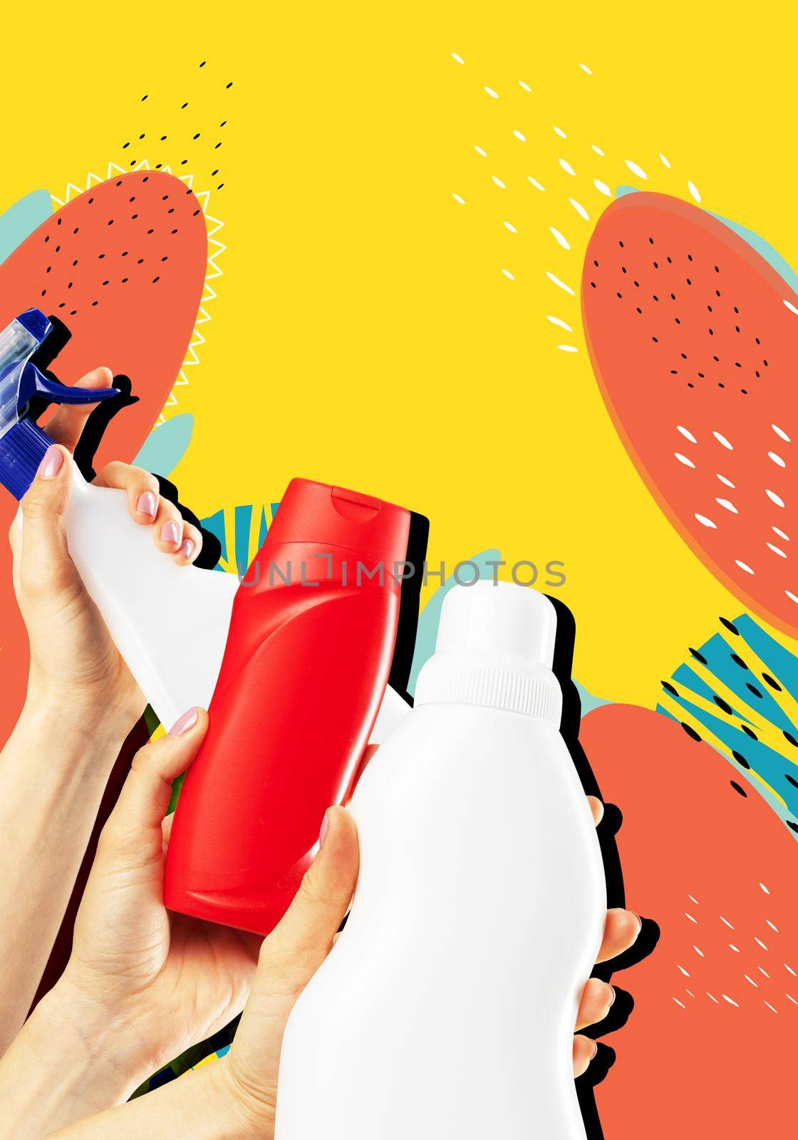 Hands holding liquid detergents on bright abstract background