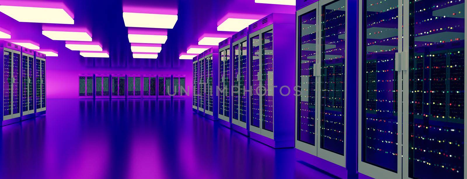 Server racks in server room cloud data center. Datacenter hardware cluster. Backup, hosting, mainframe, mining, farm and computer rack with storage information. 3D rendering. 3D illustration