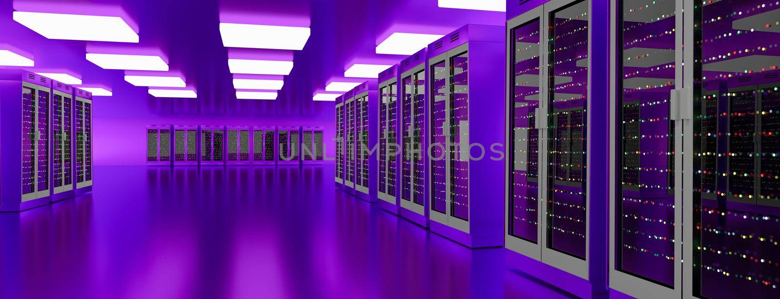 Server racks in server room cloud data center. Datacenter hardware cluster. Backup, hosting, mainframe, mining, farm and computer rack with storage information. 3D rendering. 3D illustration