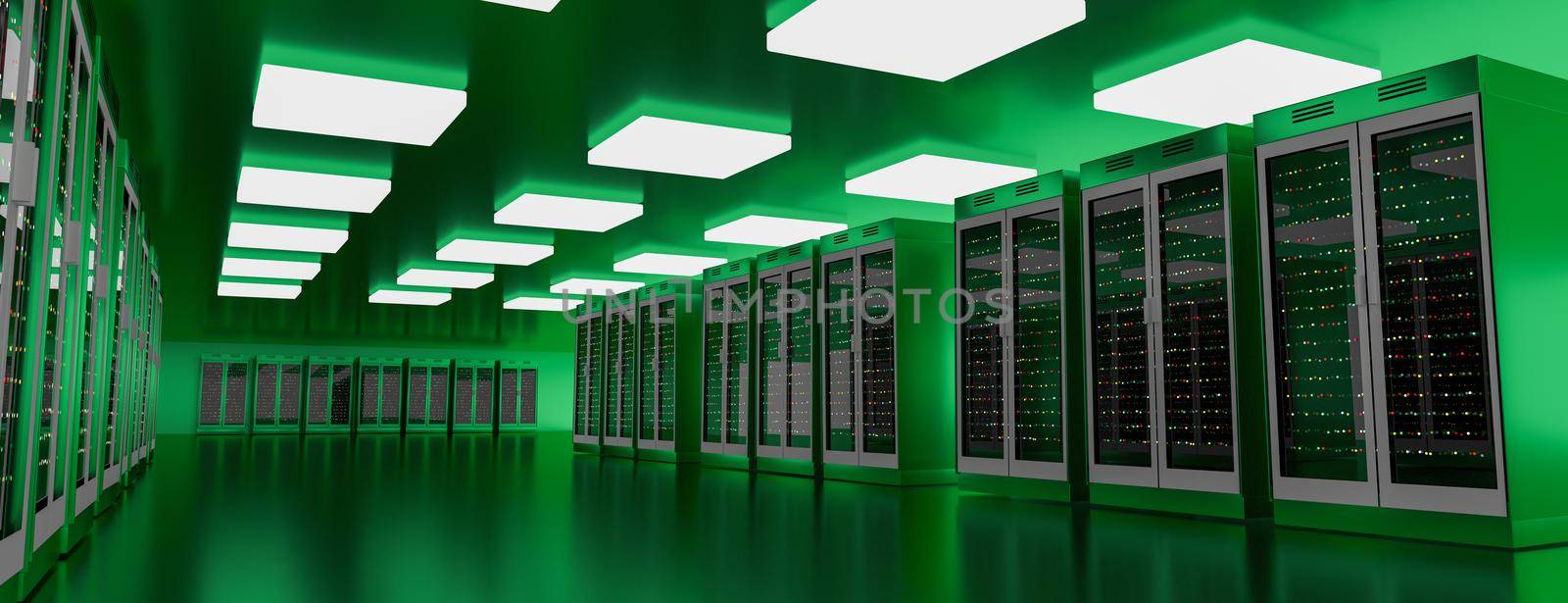 Server racks in server room cloud data center. Datacenter hardware cluster. Backup, hosting, mainframe, mining, farm and computer rack with storage information. 3D rendering. 3D illustration