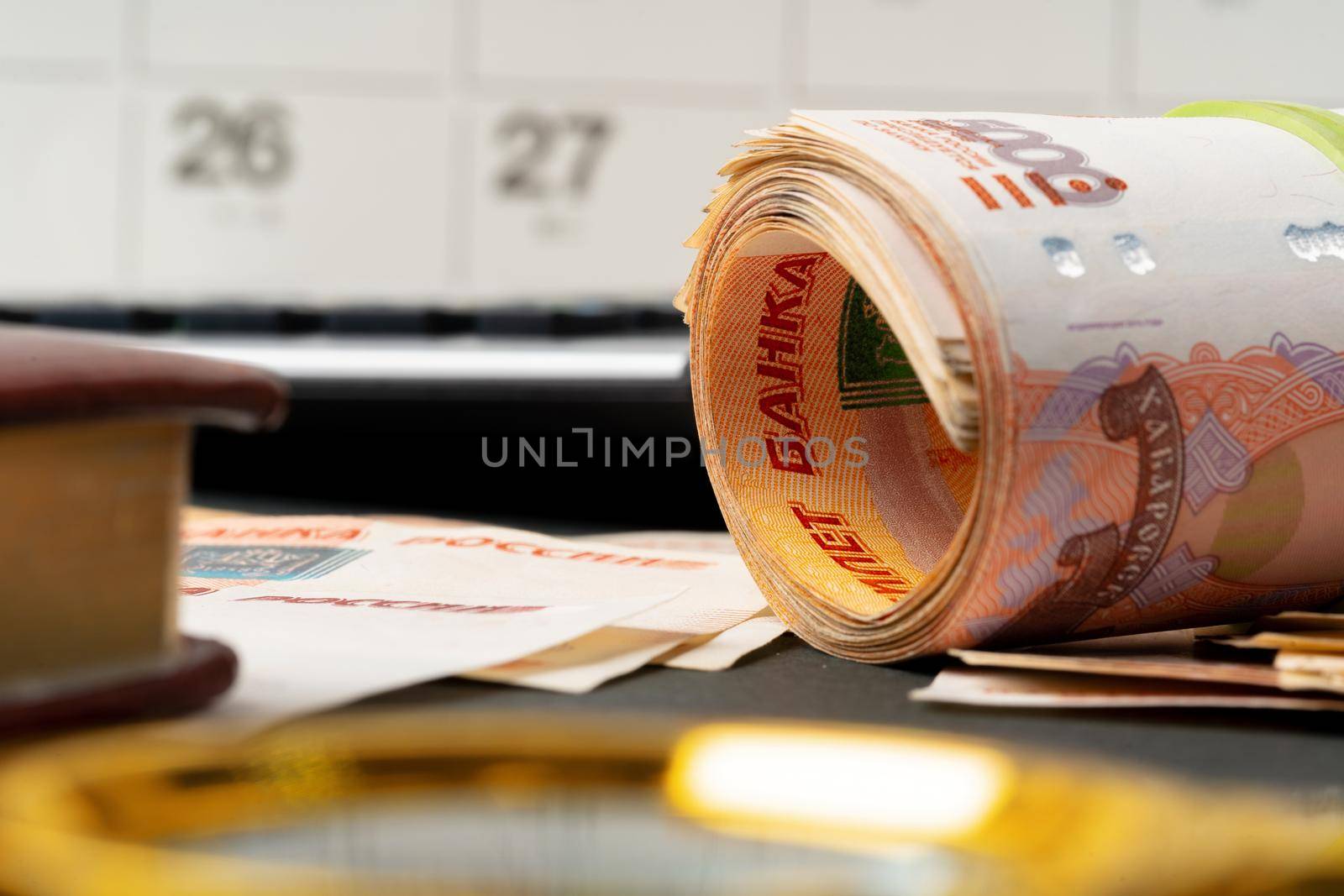 Magnifying Glass on the Russian Currency Rubles. High quality photo