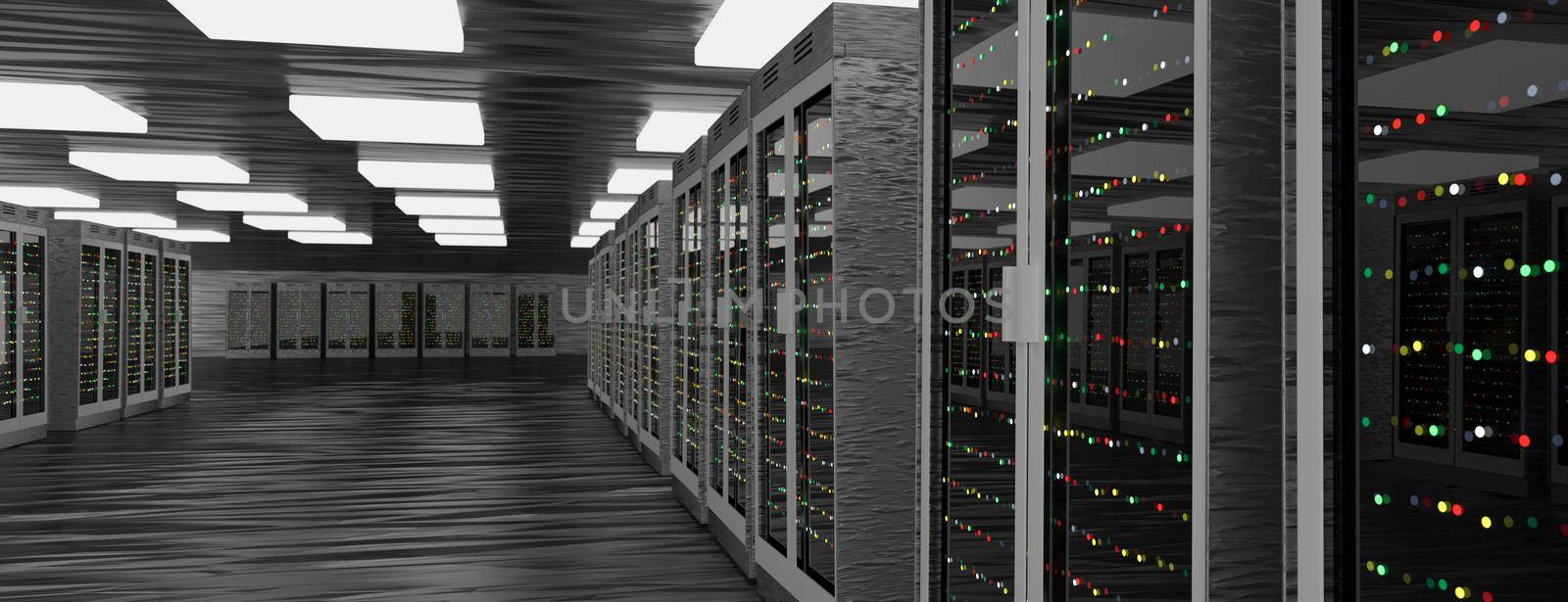 Server room data center. Backup, mining, hosting, mainframe, farm and computer rack with storage information. 3d render by kwarkot