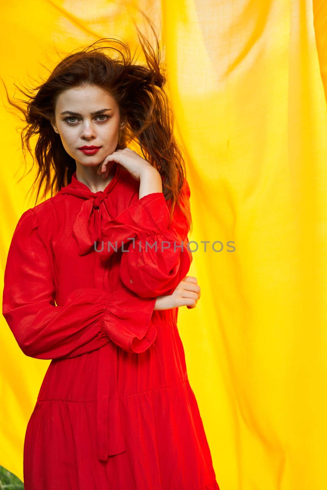 pretty woman in red dress nature yellow cloth on background by Vichizh