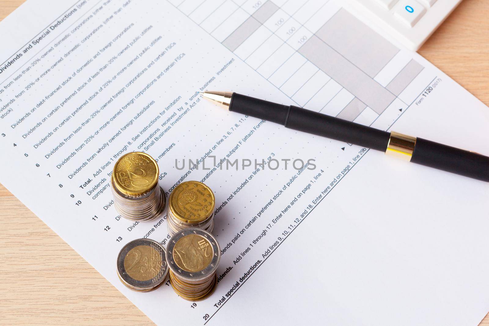 Saving stack coins money concept. Graph, chart document close up