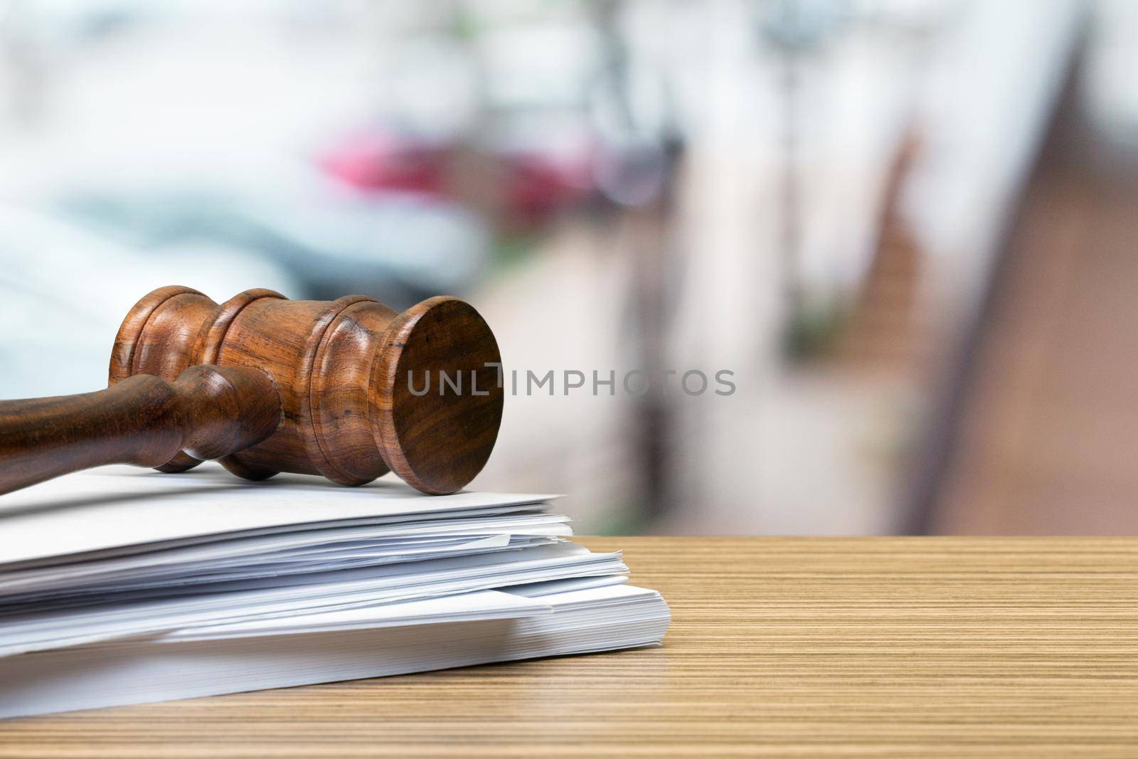 Wooden gavel on table close up. Justice concept
