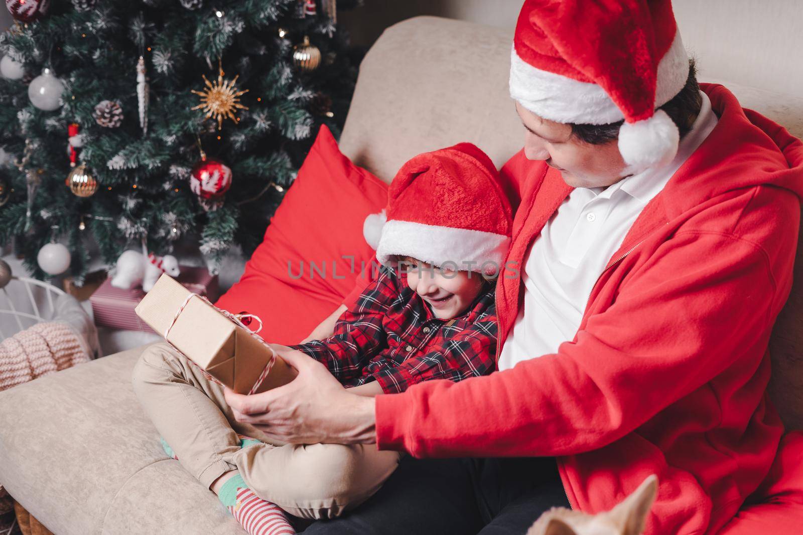 Happy family in Santa hat, father and child son giving Christmas gift at home. Sitting on a couch in the living room with puppy dog in sweater