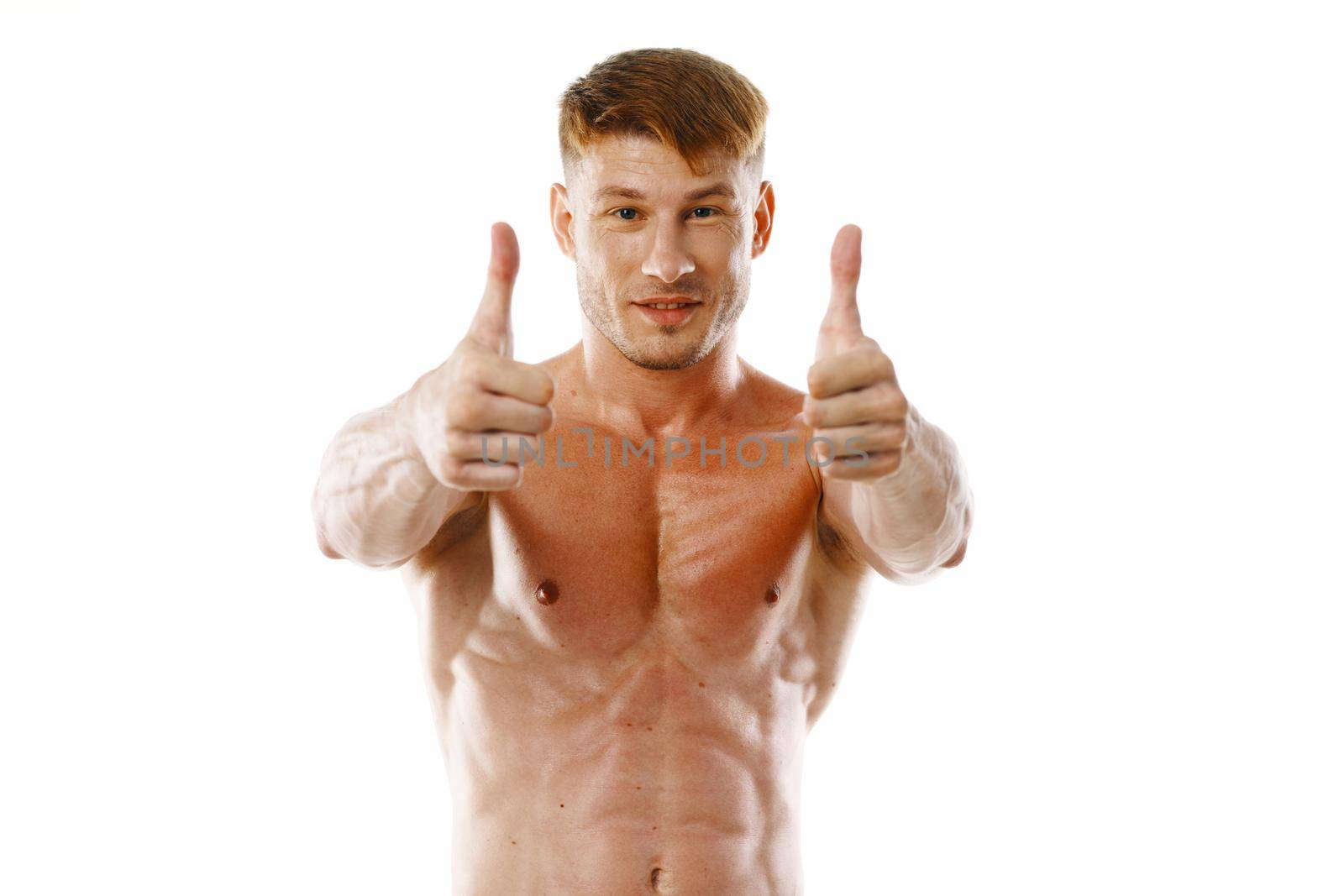 athletic man pumped up press gestures with hands posing fitness by Vichizh