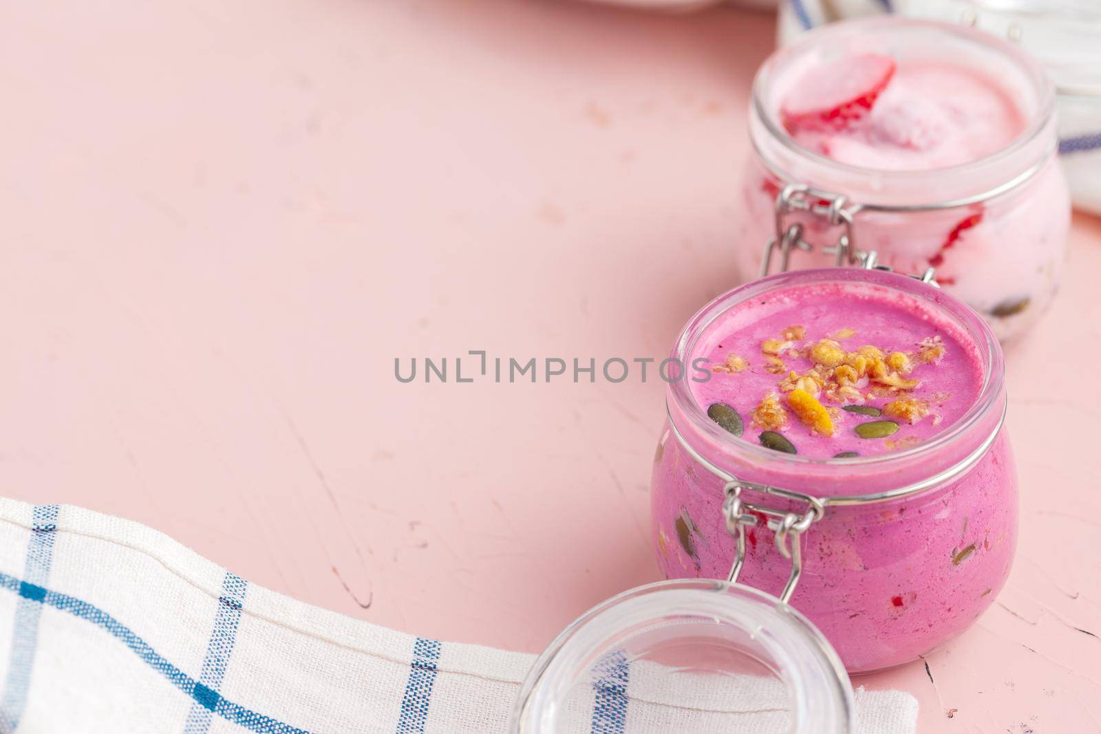 Homemade healthy yogurt with muesli and blueberries