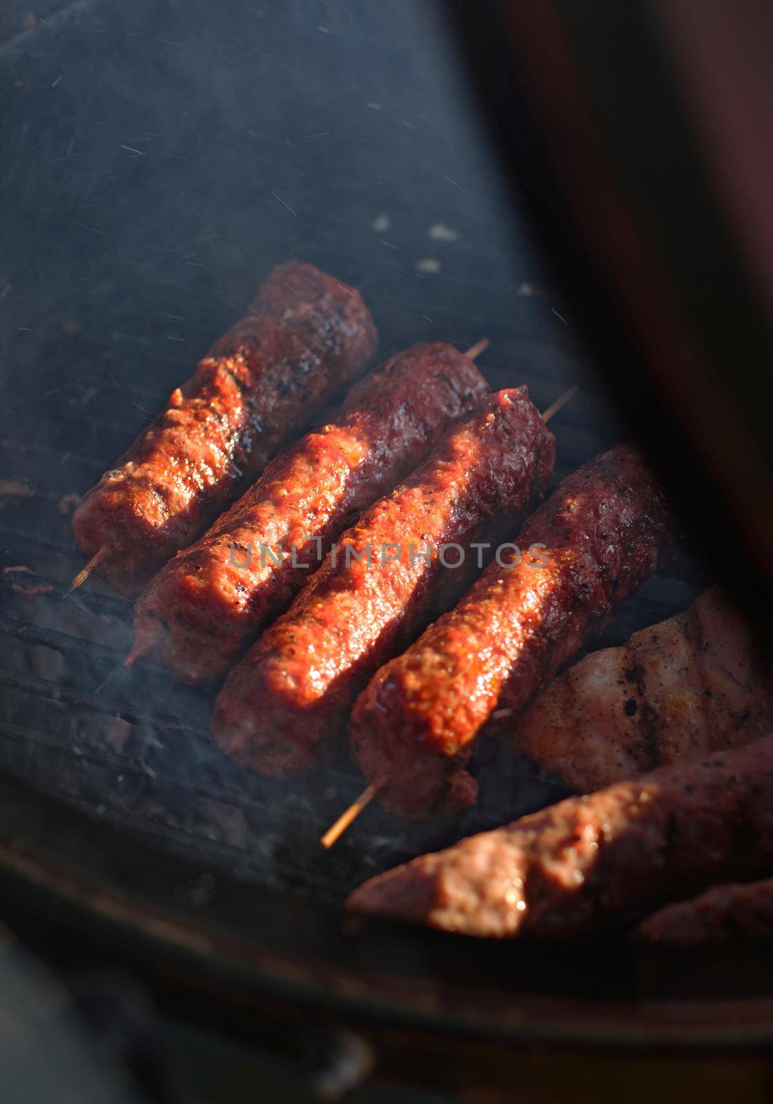 American Street food on cooking grill Sausages, street food