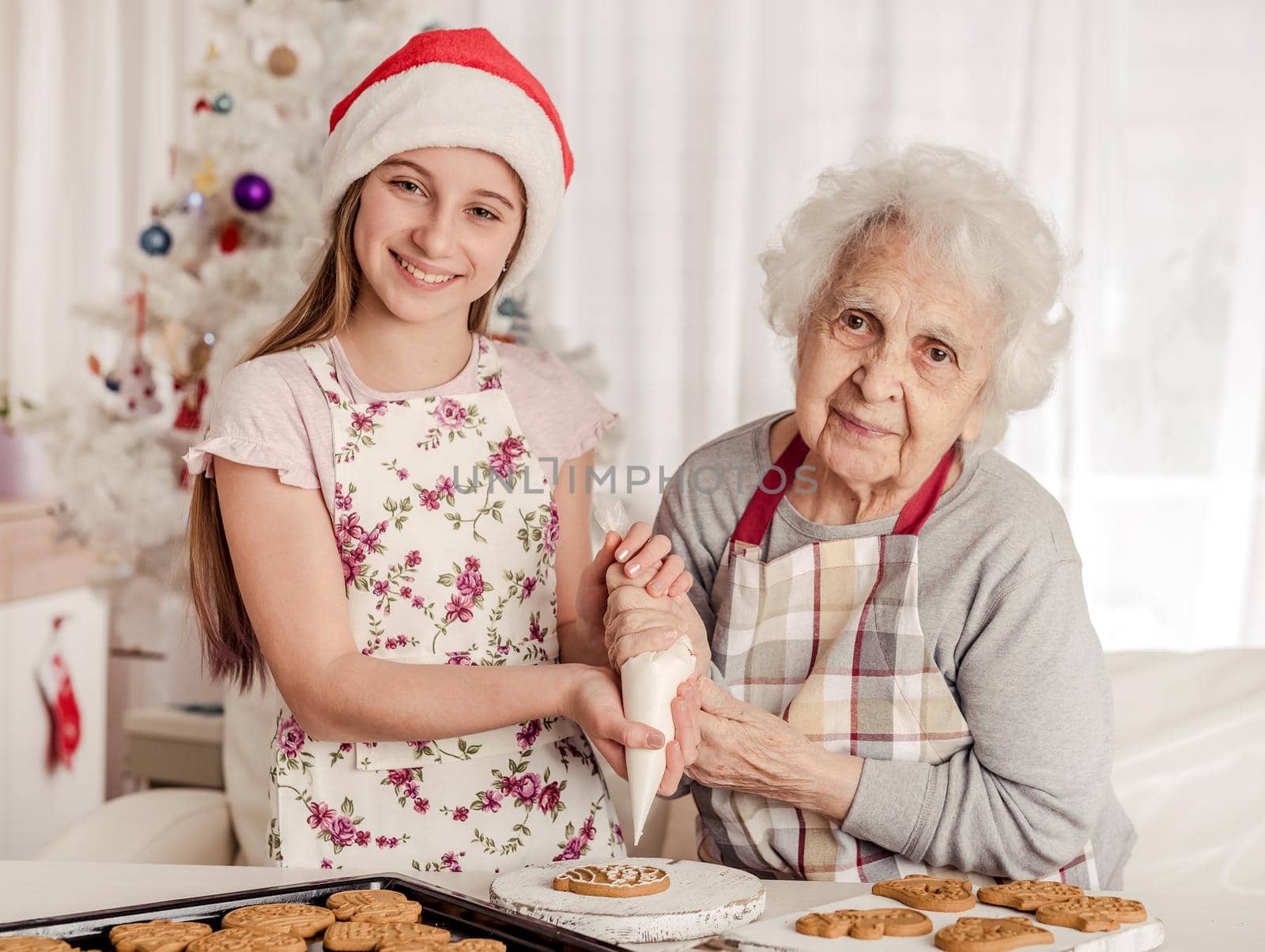 Grandmother with granddaughter in santa hat decorate cookies with cream together