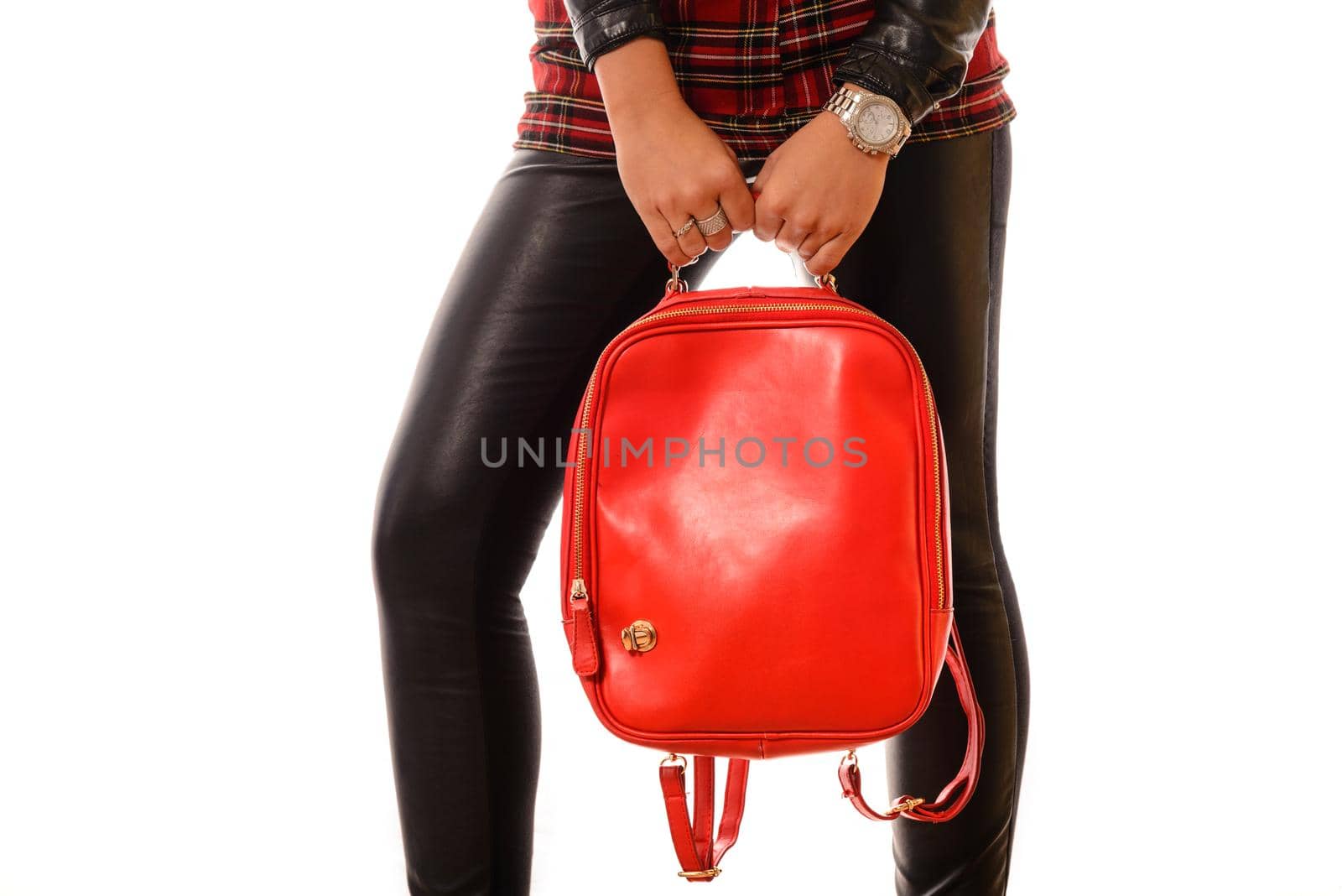 Elegant glamor lady with red bag isolate on white