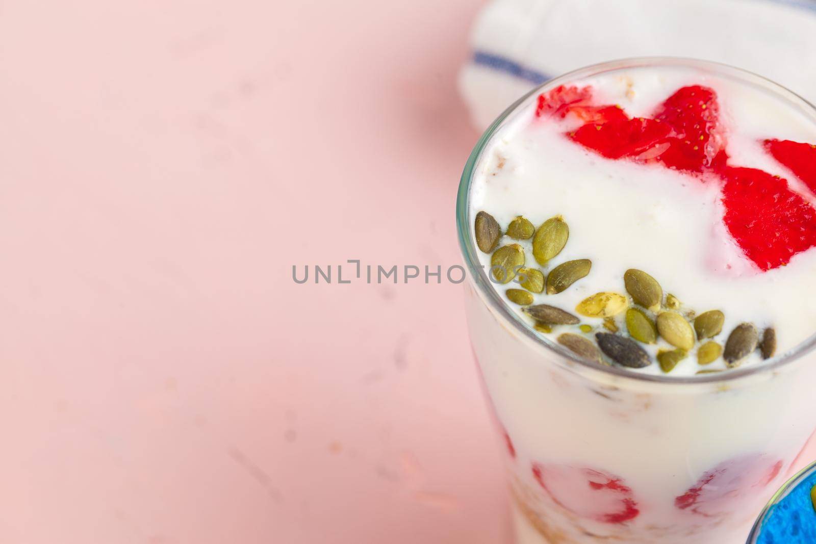 Homemade healthy yogurt with muesli and blueberries