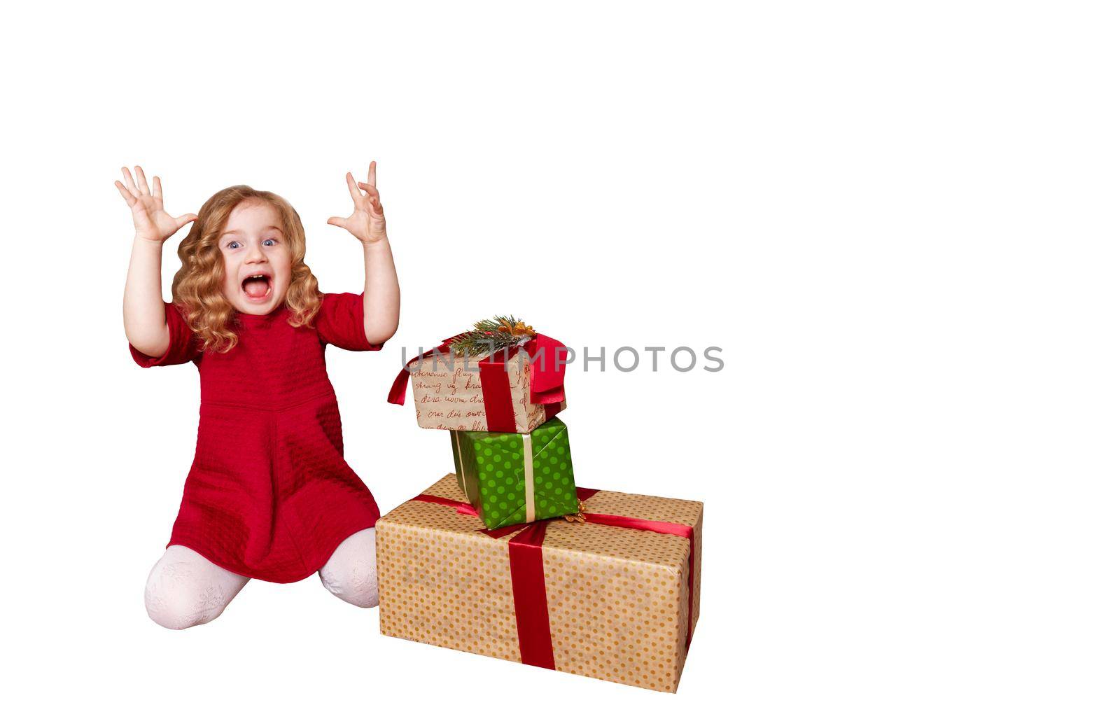 little girl rejoices new year gifts isolated on white, holidays
