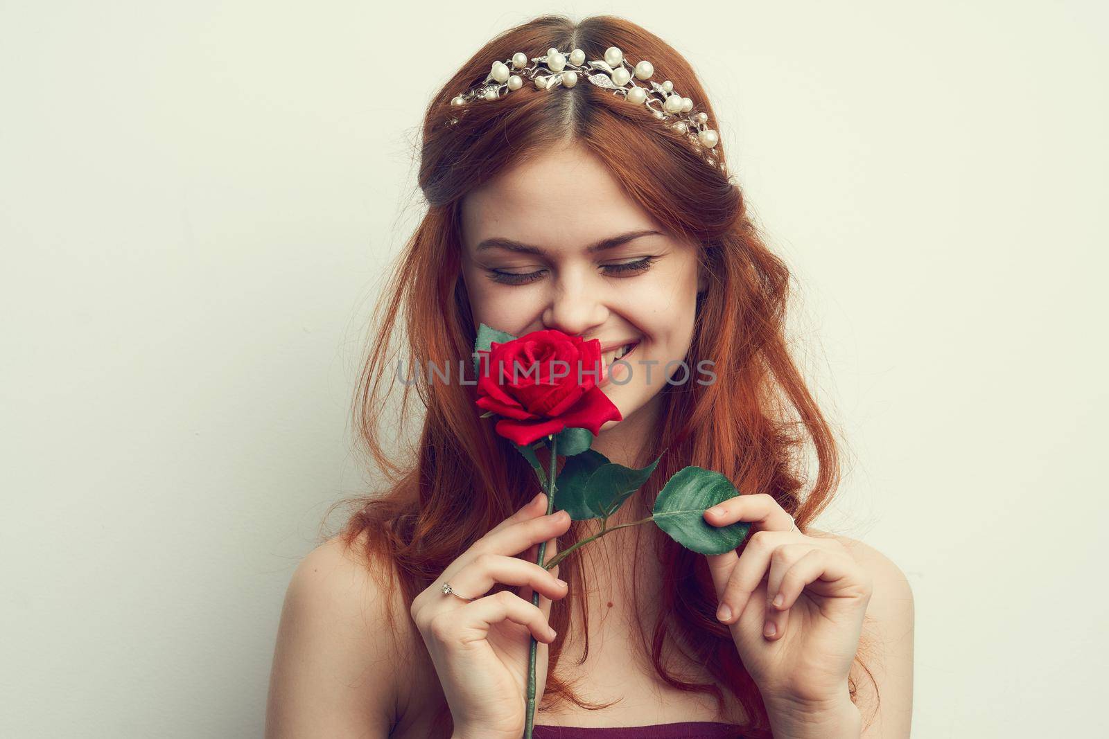 cheerful woman fashion hairstyle rose flower charm romance. High quality photo