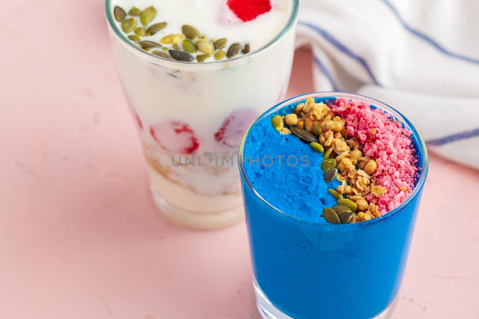 Homemade healthy yogurt with muesli and blueberries