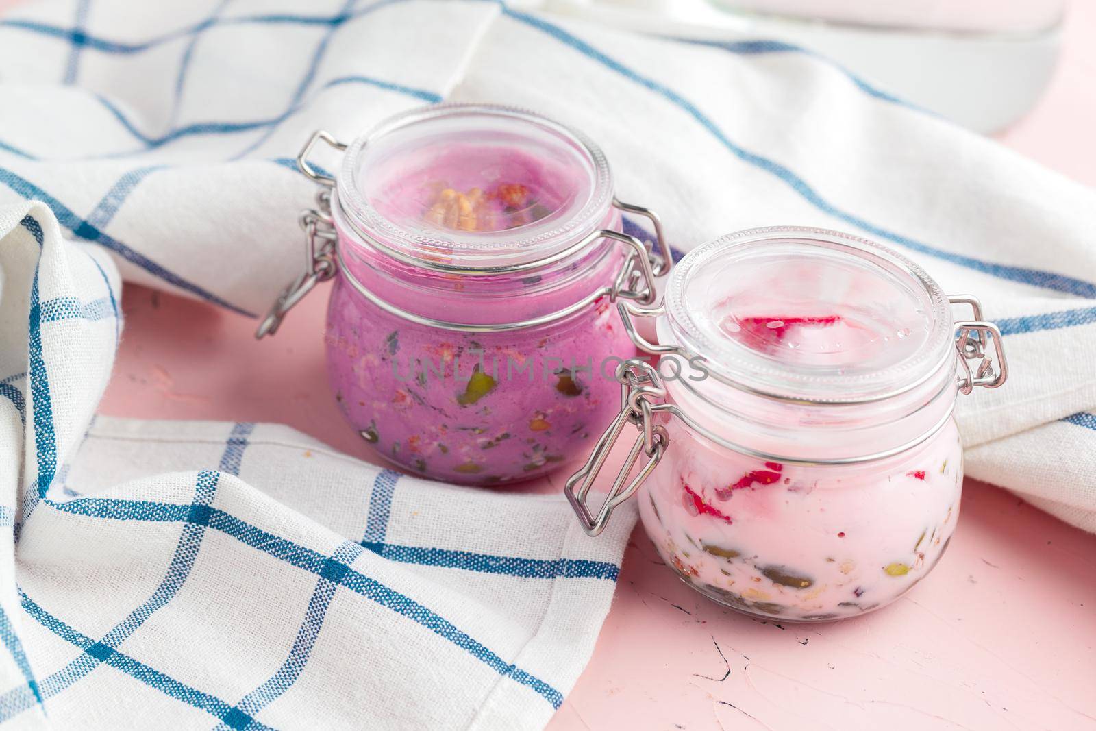 Homemade healthy yogurt with muesli and blueberries