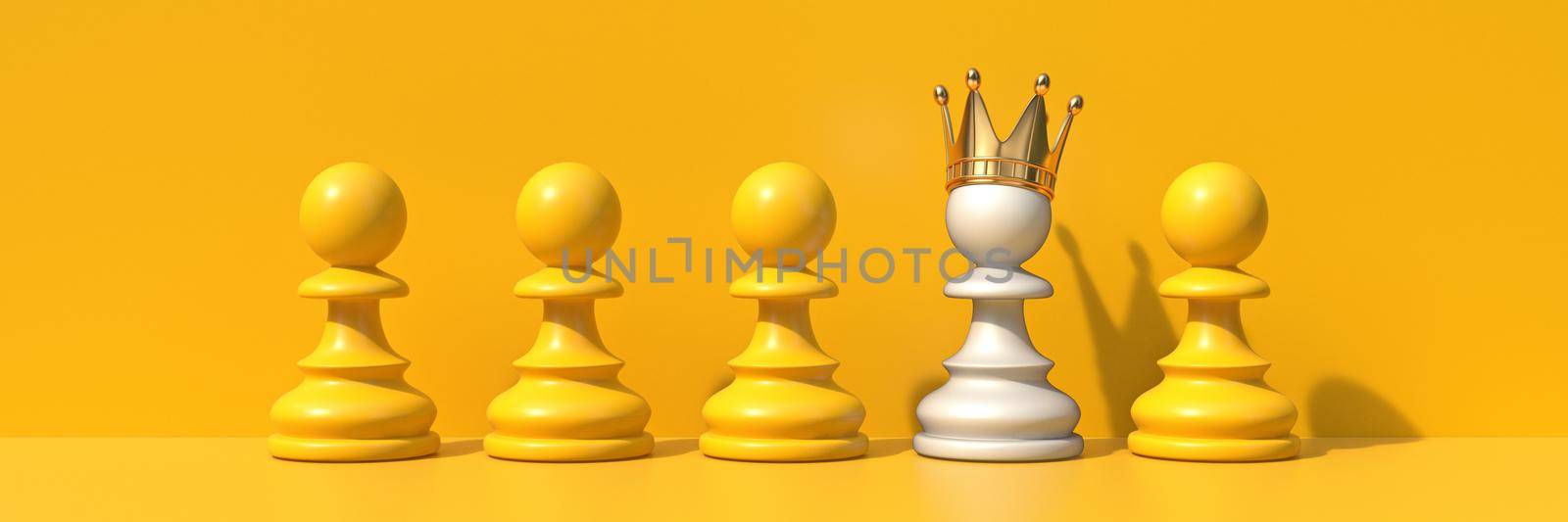 White pawn with crown and yellow pawns Uniqueness concept 3D rendering illustration isolated on yellow background