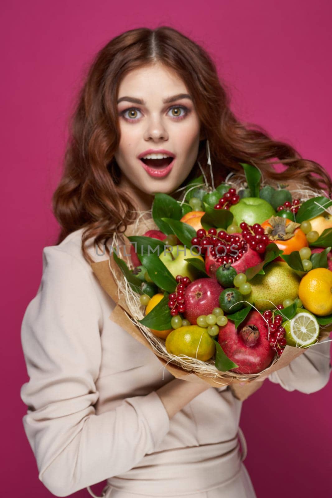 cheerful woman fashionable hairstyle bouquet of flowers decoration isolated background by Vichizh