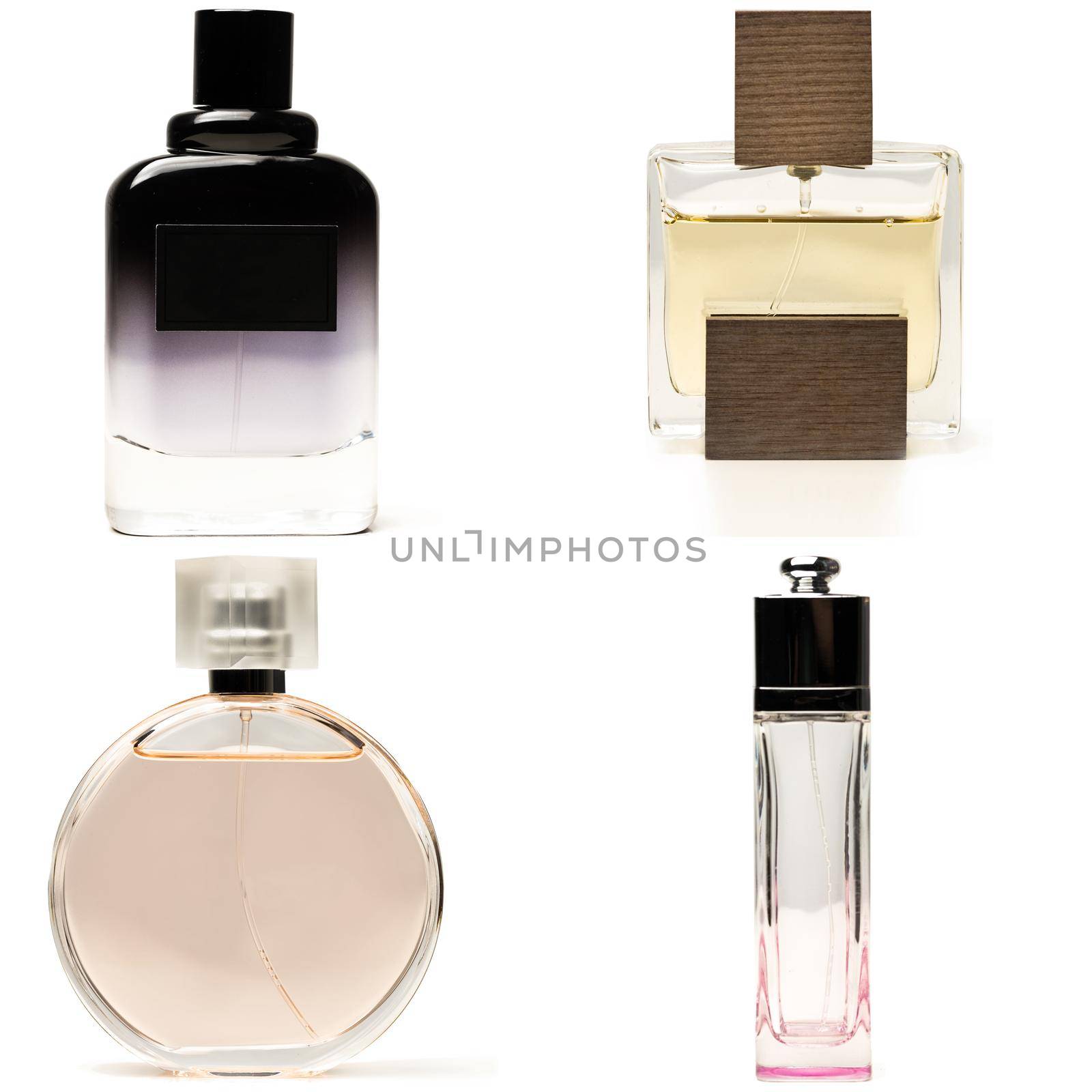 Collection of perfume bottles on white background