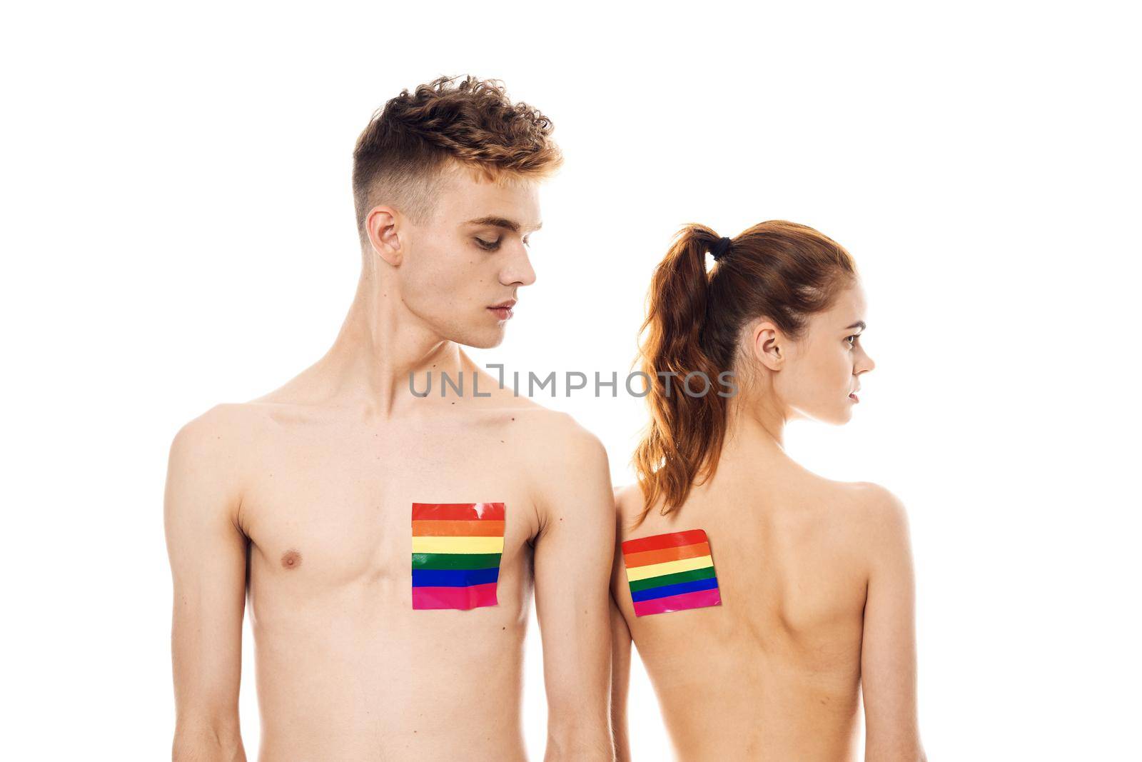 couple in white t-shirts Flag lgbt transgender sexual minorities. High quality photo