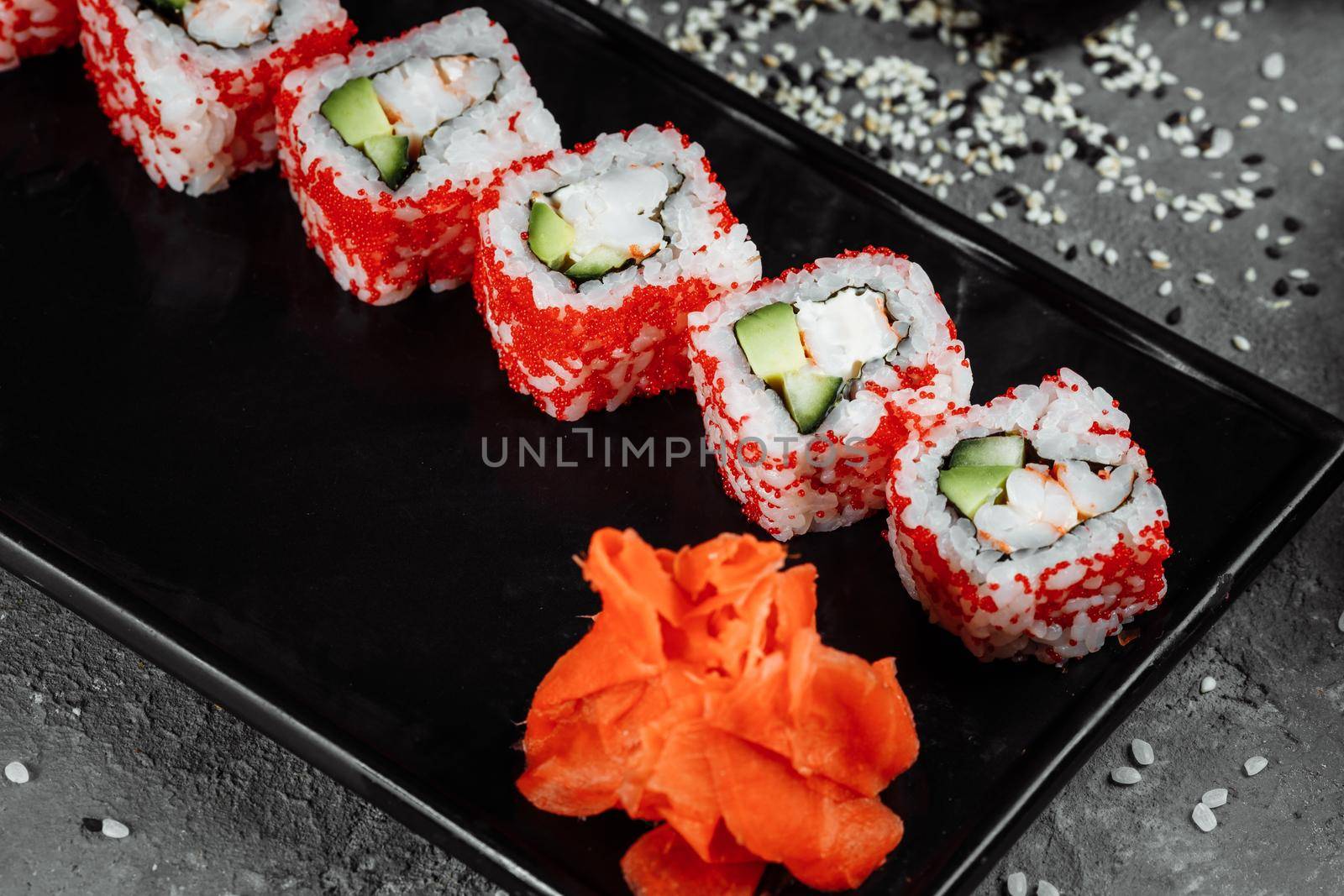 sushi roll california with shrimp, avocado and cheese. Traditional japanese sushi by UcheaD