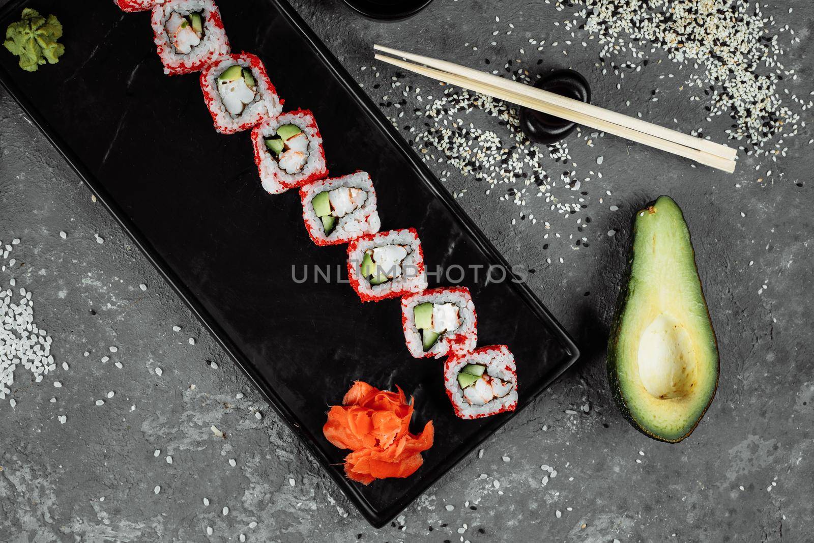 sushi roll california with shrimp, avocado and cheese. Traditional japanese sushi by UcheaD