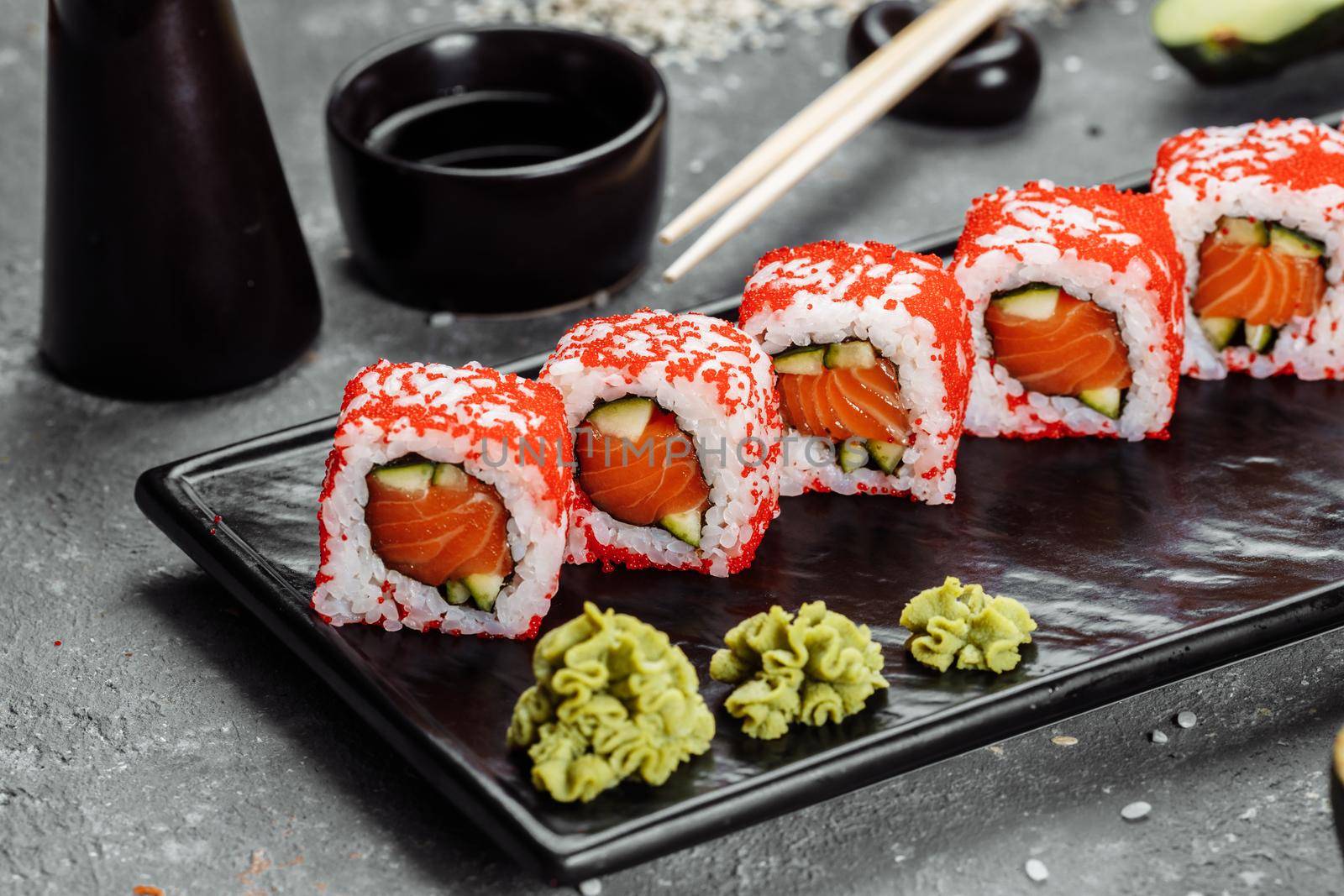 California sushi style rolls, with raw vegetables, food border background by UcheaD