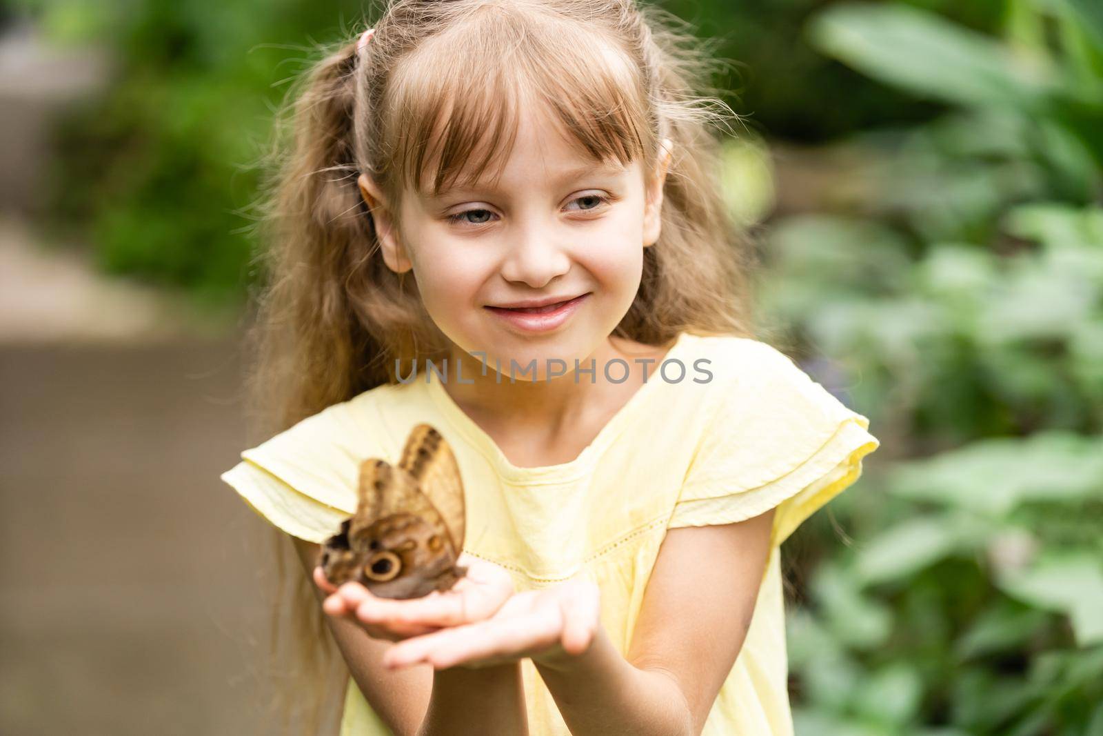 Little girl holding butterfly in her hand.