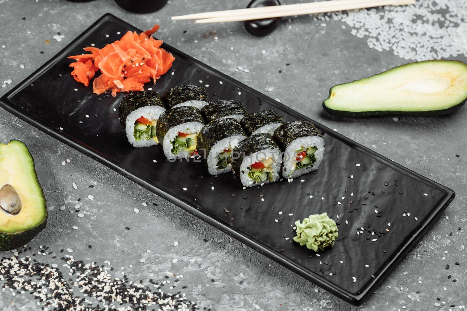 Vegetarian Maki Sushi - Roll made of Tomato, Cucumber, Bell Pepper, Salad Leaf and Japanese Mayonnaise by UcheaD
