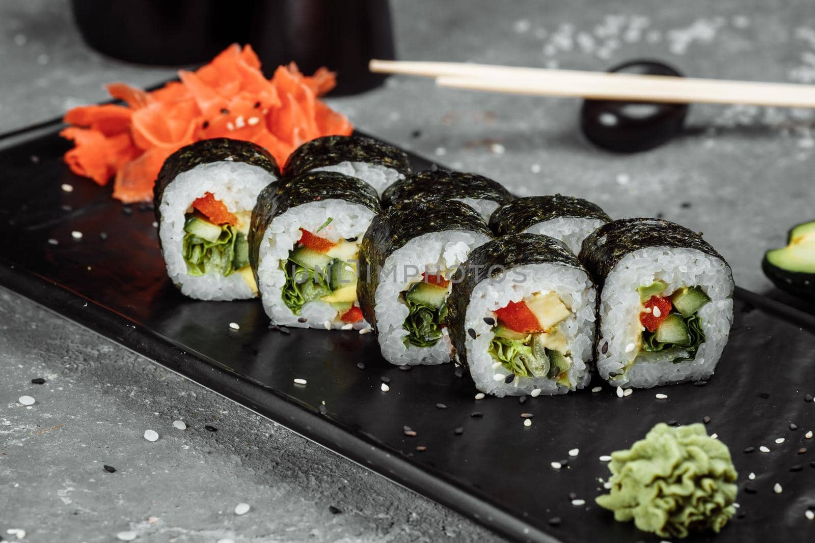 Vegetarian Maki Sushi - Roll made of Tomato, Cucumber, Bell Pepper, Salad Leaf and Japanese Mayonnaise.