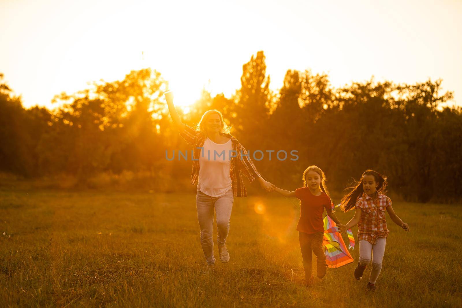 happy family mother and children run on meadow with a kite in the summer on the nature by Andelov13
