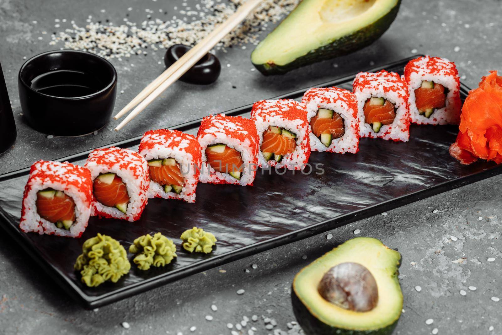 California sushi style rolls, with raw vegetables, food border background by UcheaD