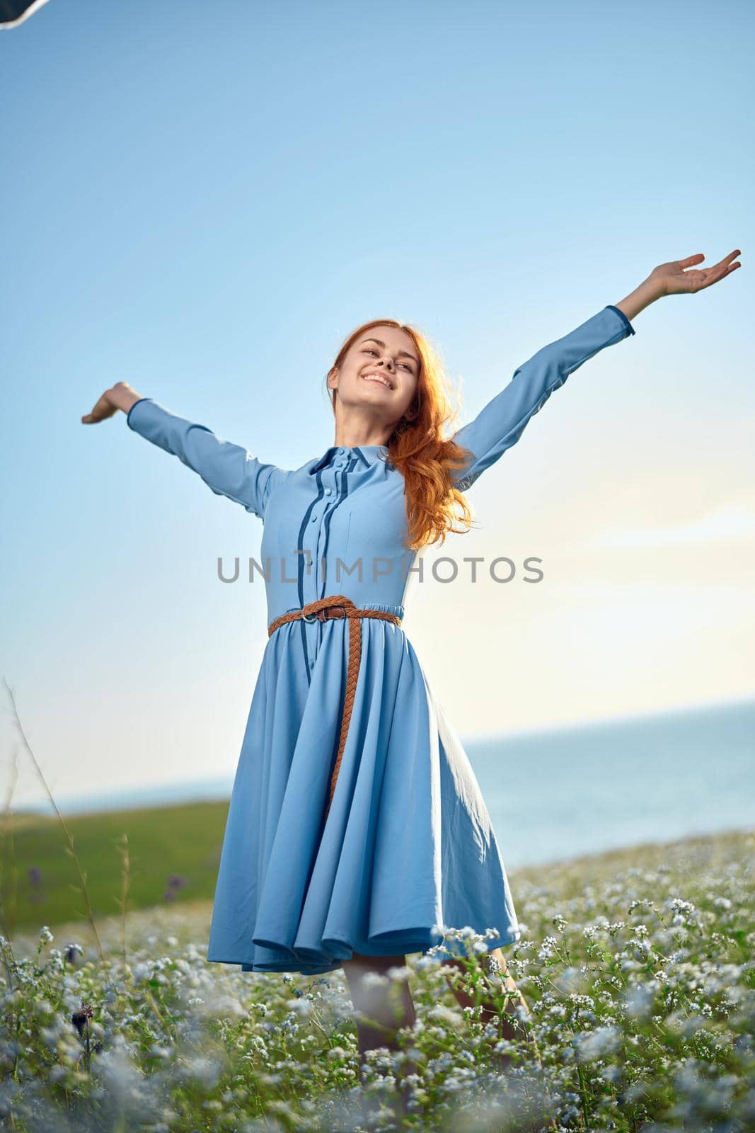 woman in a blue dress in a field in nature hat flowers walk. High quality photo