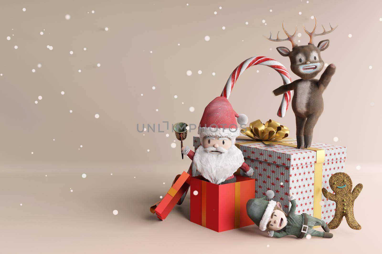 3d illustration. Gift box full with Santa Claus inside. Concept Merry christmas and Happy New Year.
