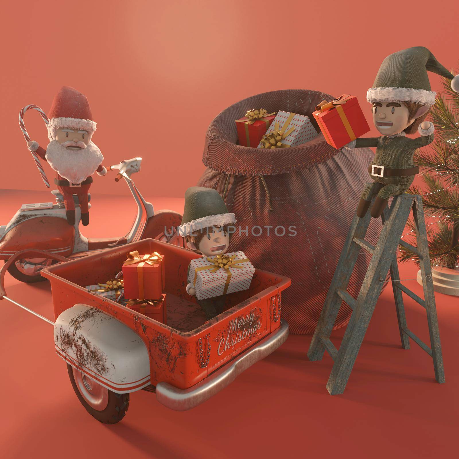 3d illustration. Christmas Sale Promotion Template . Concept shopping online Santa Claus and elf a vintage scooter . COPY SPACE for logo and text by Hepjam