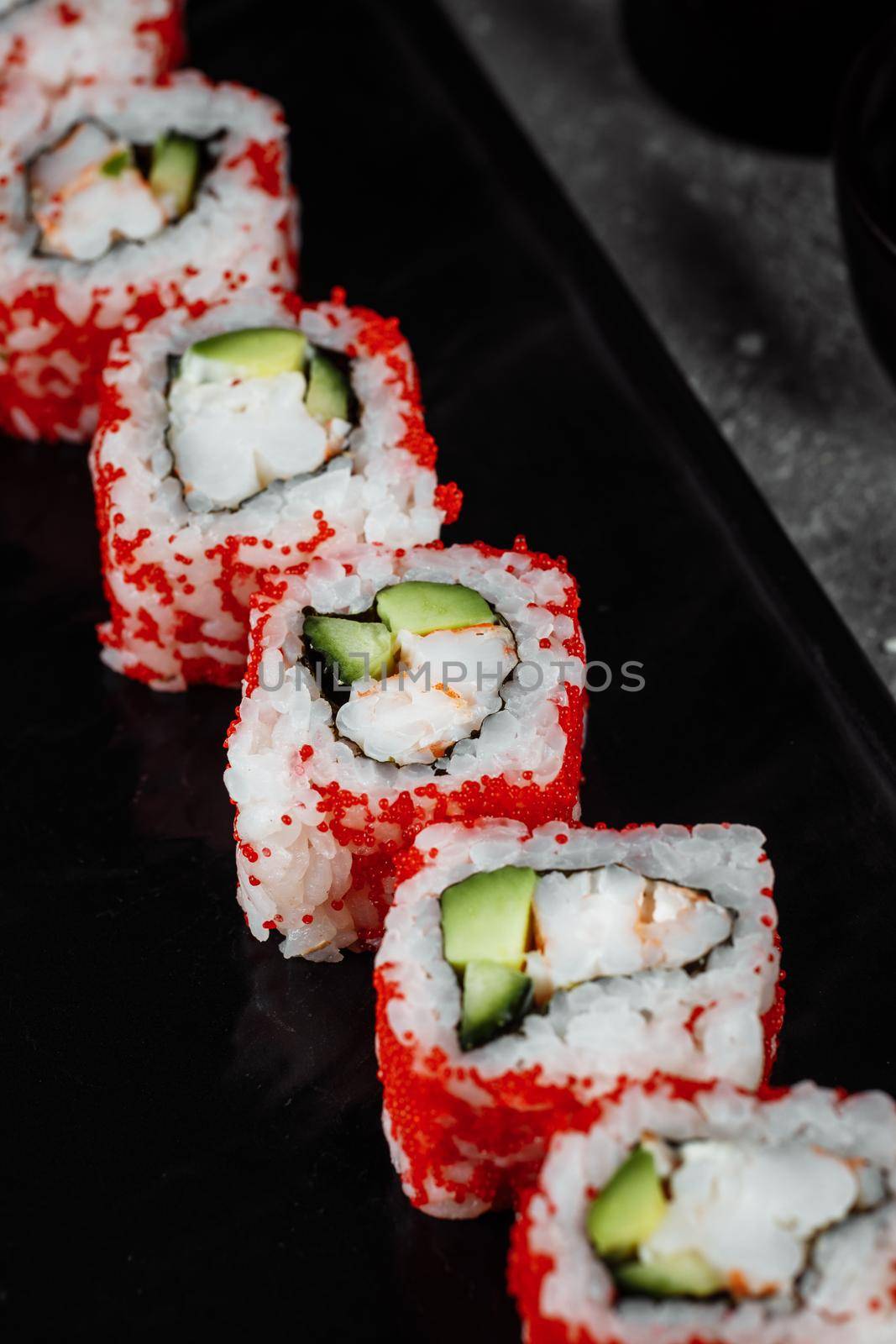 sushi roll california with shrimp, avocado and cheese. Traditional japanese sushi.