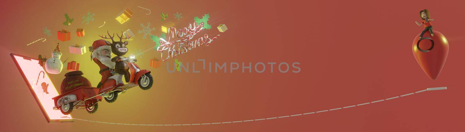 3d illustration. Christmas Sale Promotion Template . Concept shopping online Santa Claus and deer a vintage scooter . COPY SPACE for logo and text