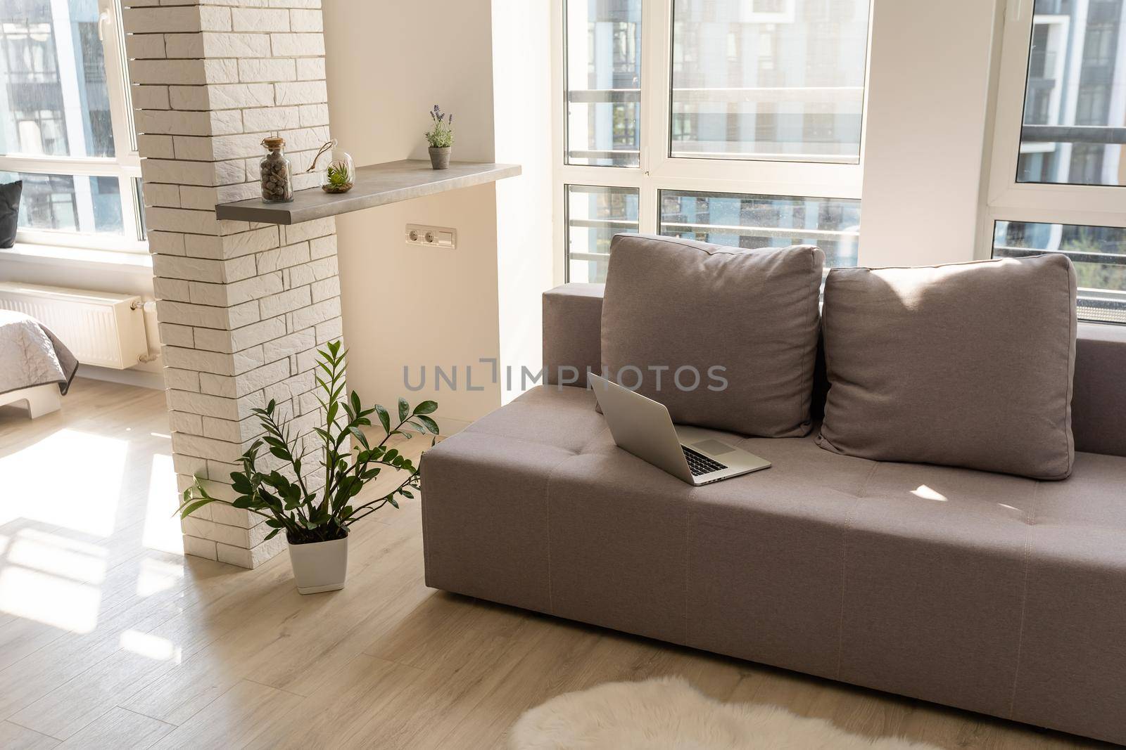 Modern minimalist design of bright living room