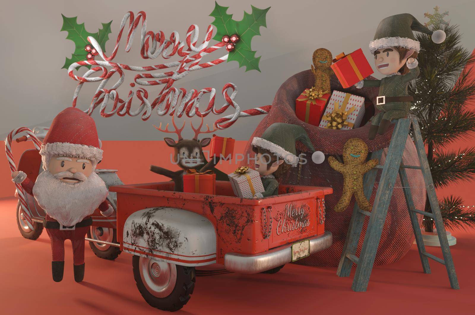 3d illustration. Christmas Sale Promotion Template . Concept shopping online Santa Claus and elf a vintage scooter . COPY SPACE for logo and text