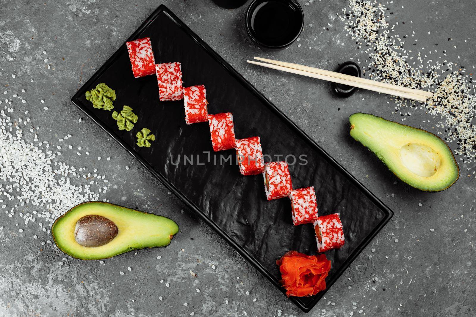 California sushi style rolls, with raw vegetables, food border background by UcheaD