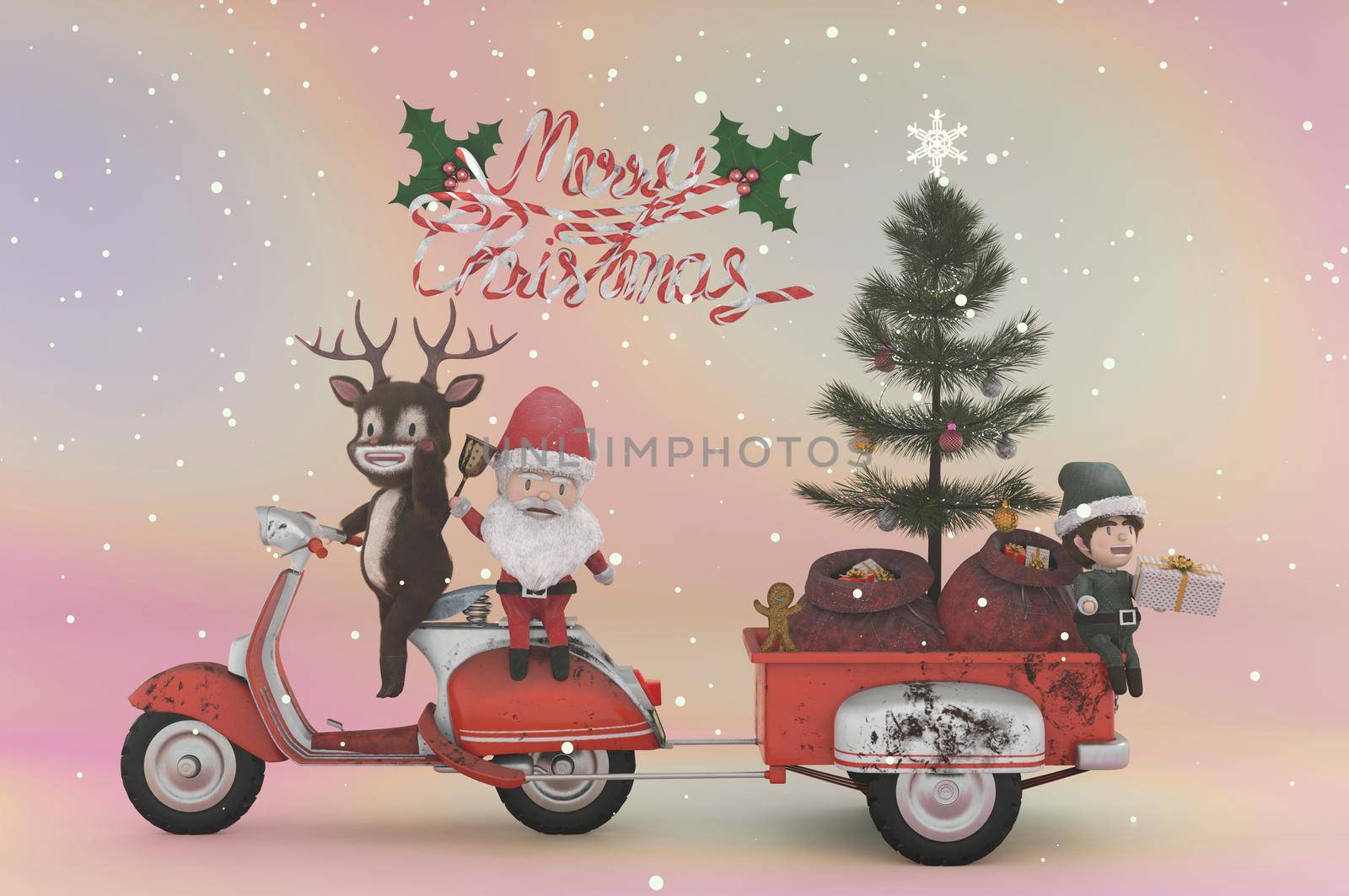 3d illustration. Christmas Sale Promotion Template . Concept shopping online Santa Claus and deer a vintage scooter . COPY SPACE for logo and text