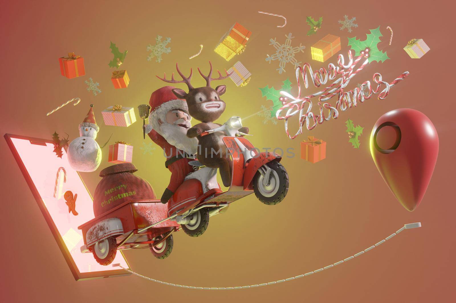 3d illustration. Christmas Sale Promotion Template . Concept shopping online Santa Claus and deer a vintage scooter . COPY SPACE for logo and text by Hepjam